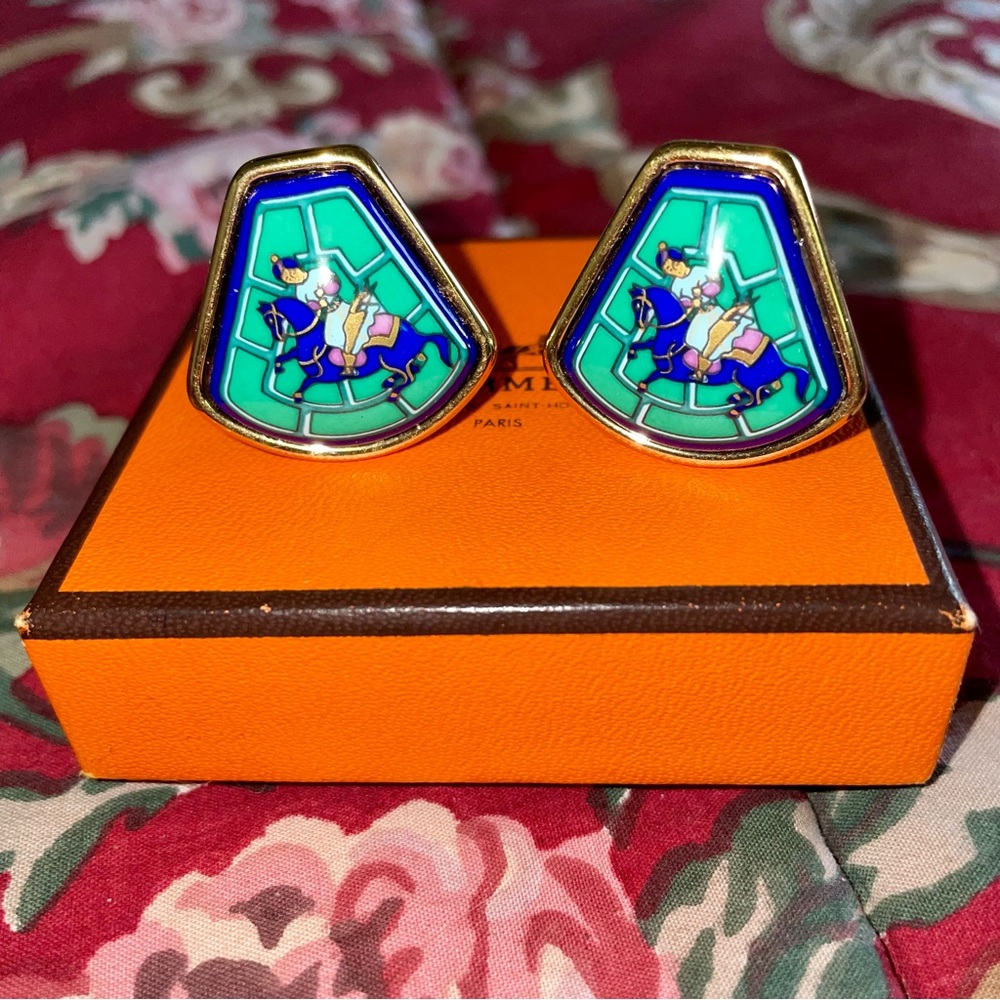Hermès Equestrian Enamel Clip On Earrings